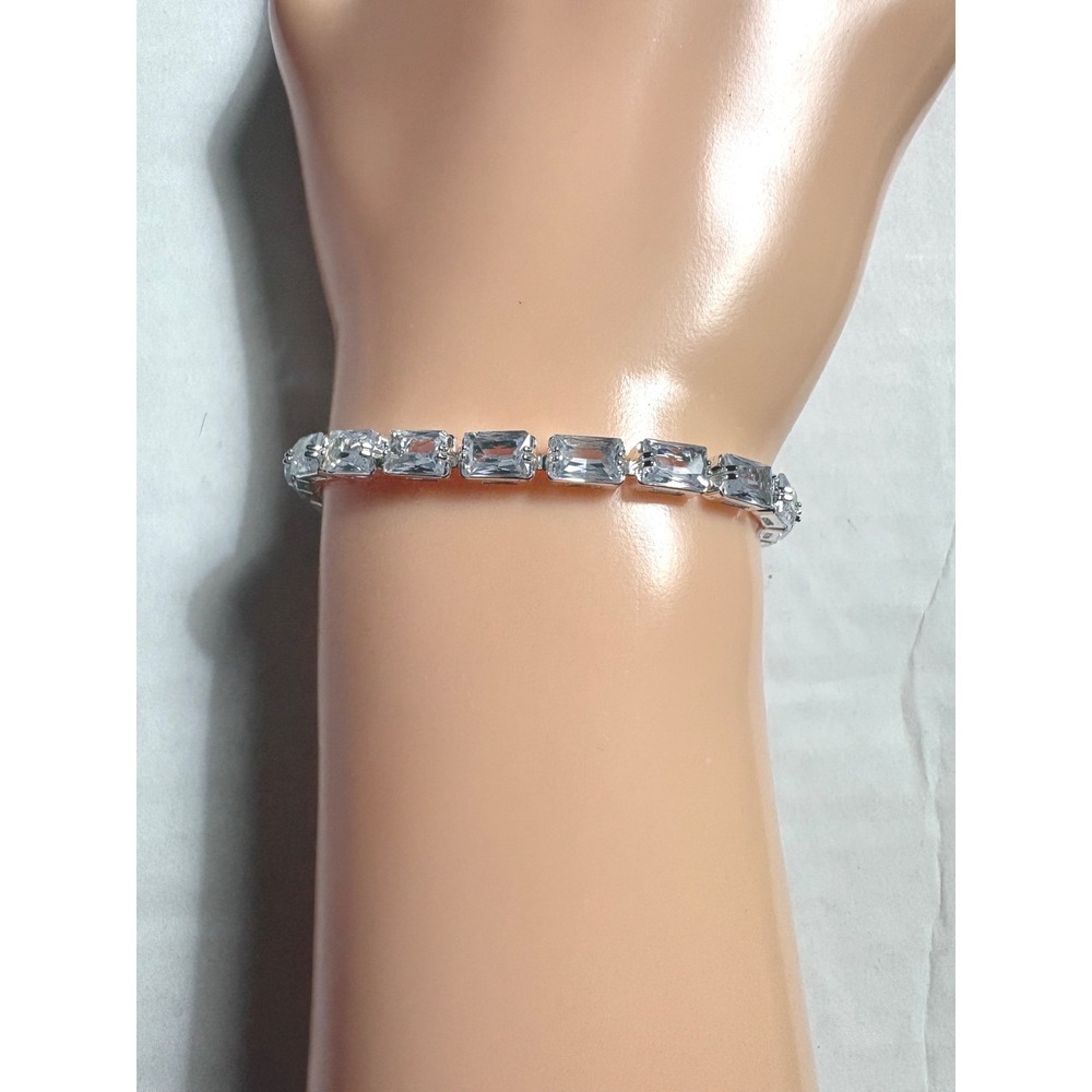 Emerald Cut Cubic Zirconia Tennis Bracelet Silver Tone 7.5 Inch